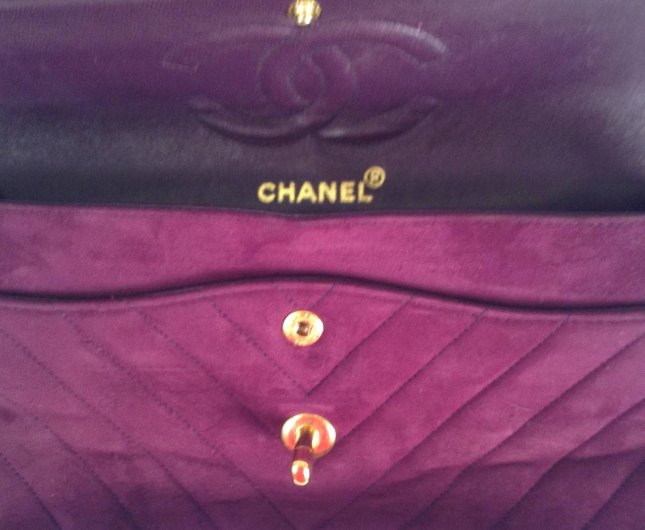 Vintage Chanel Plum Suede Chevron Quilted Double Flap Bag For Sale 2