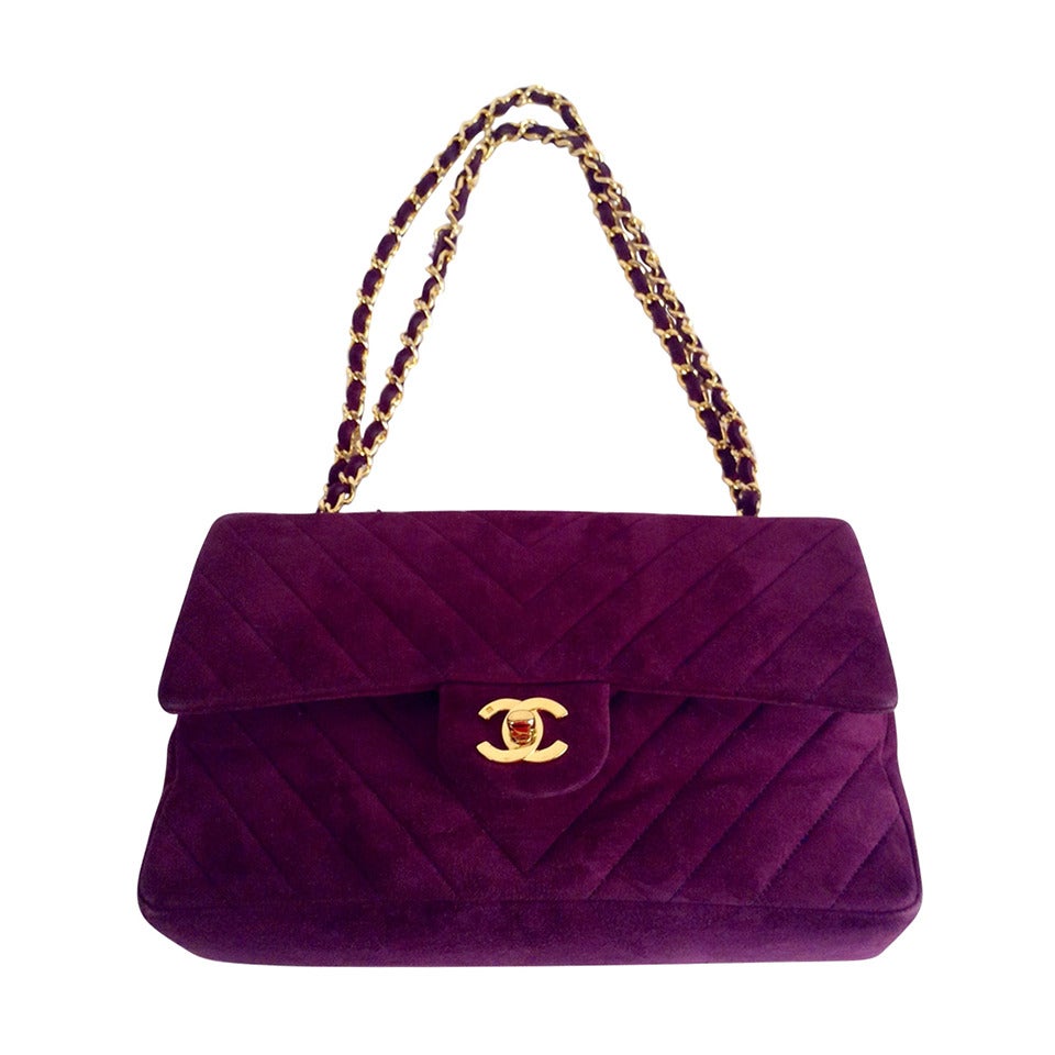 Vintage Chanel Plum Suede Chevron Quilted Double Flap Bag For Sale