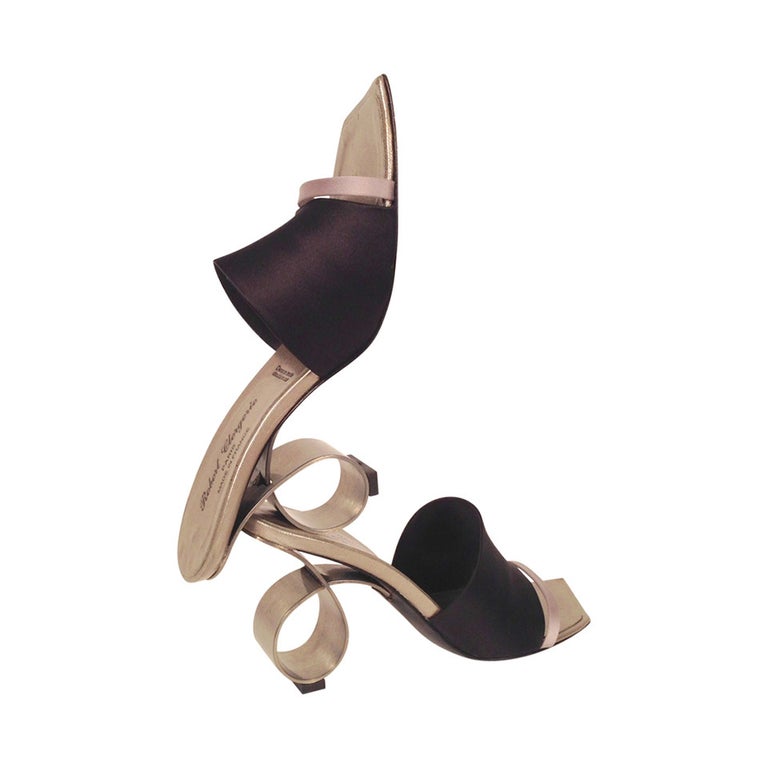 Robert Clergerie Silk Satin Mule With Metal Sculpture Heel For Sale at ...