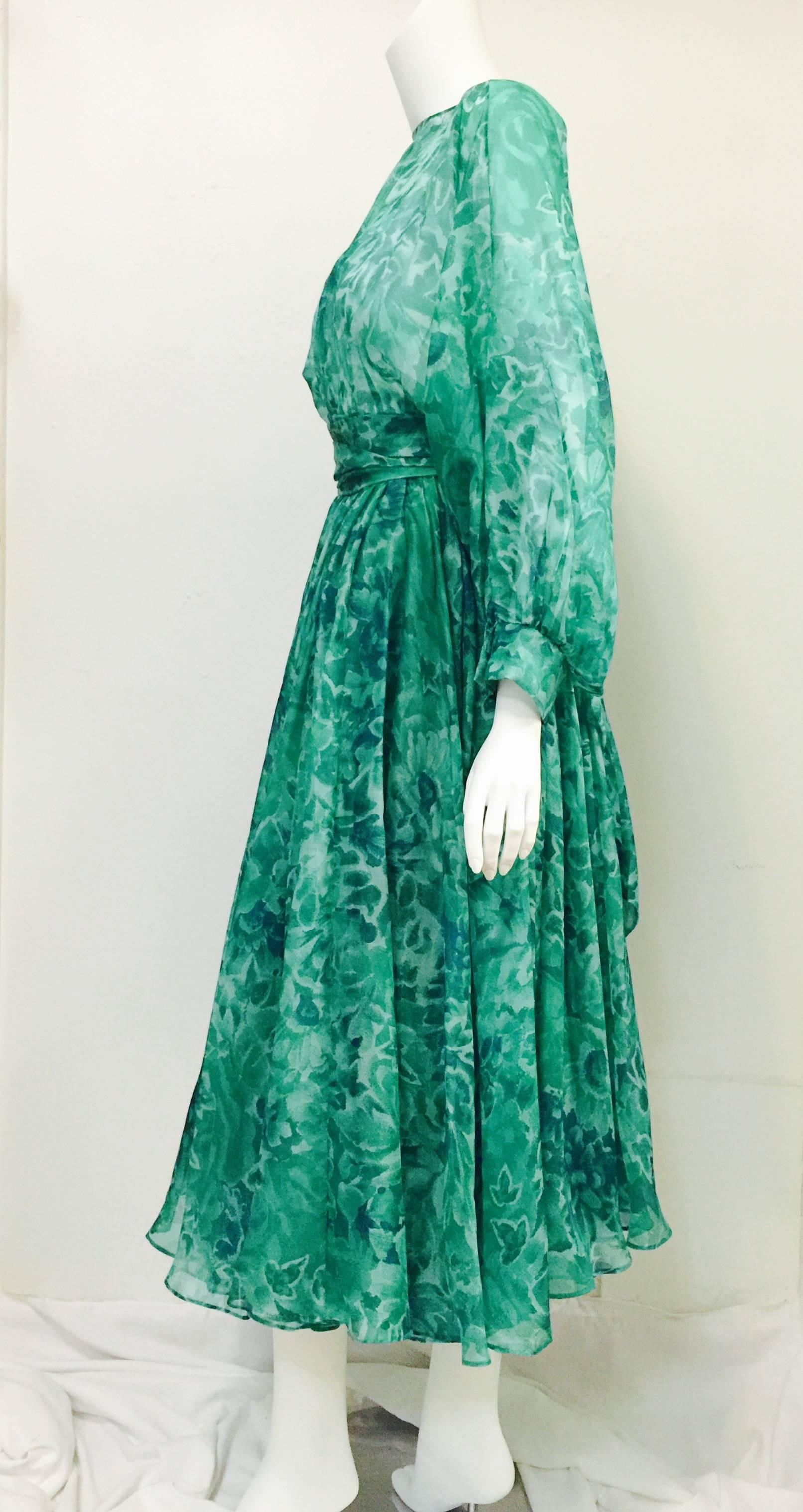 Blue Custom Nina Ricci Paris Green Floral All Silk Day Dress 