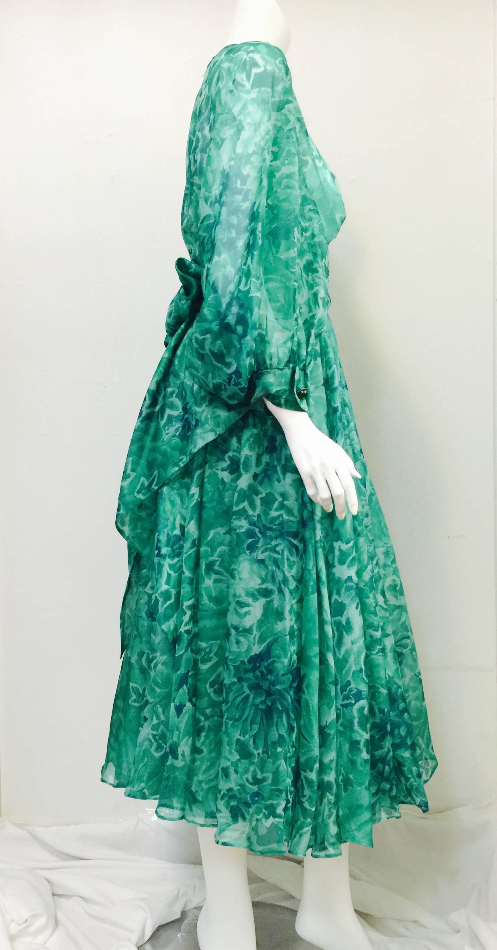 Custom Nina Ricci Day Dress is an ode to couture design and exalted craftsmanship!  Fit for Her Serene Highness, Princess Grace of Monaco, dress features yards and yards of ultra-luxurious green floral silk. Feminine pintucks, fitted bateau