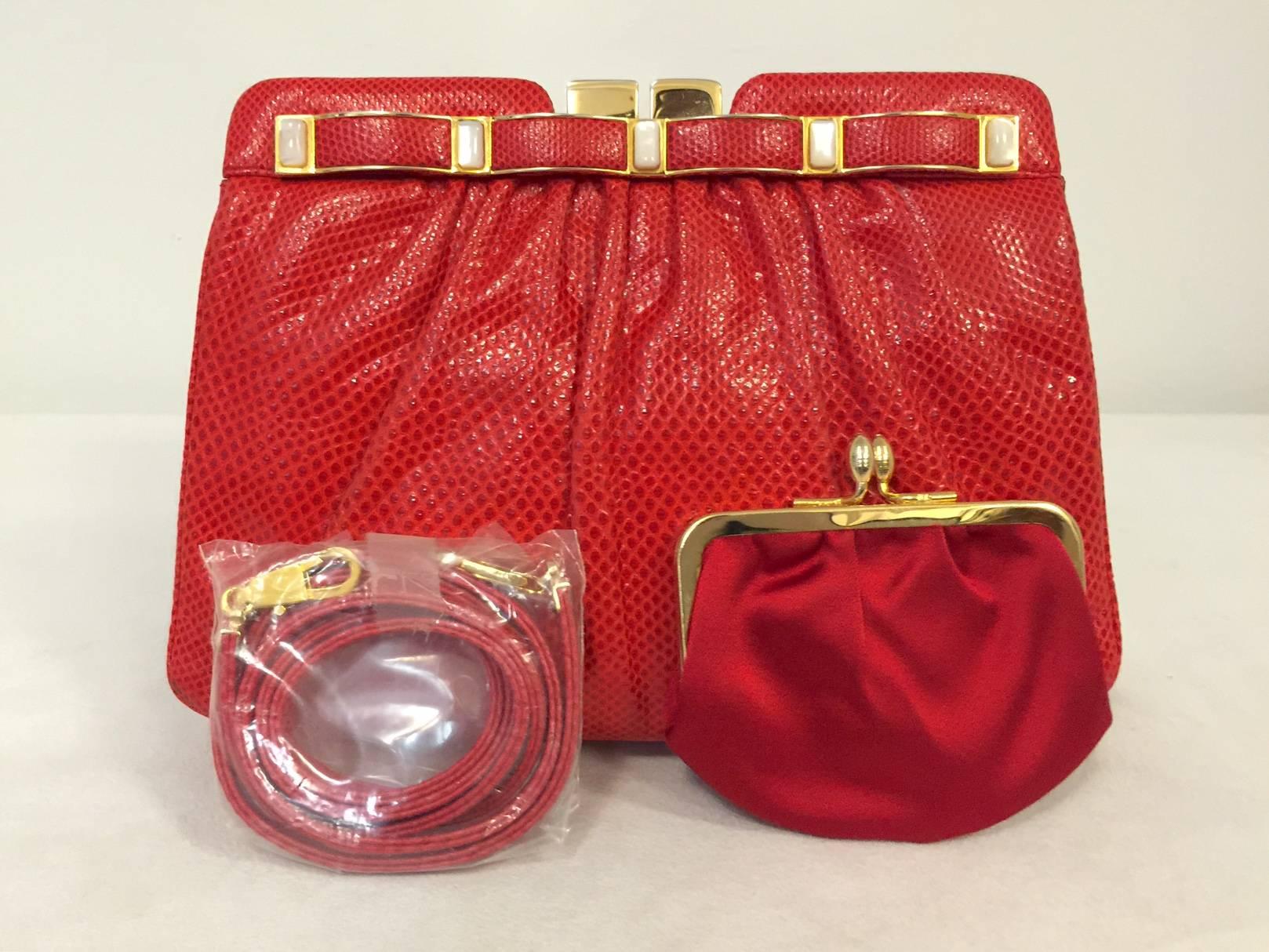 Women's Vintage Judith Leiber Red Leather Lizard Evening Clutch For Sale