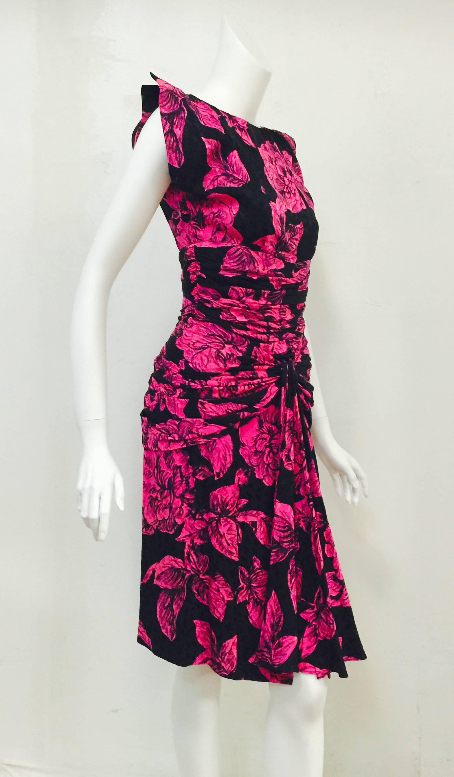 Vicky Tiel Fuschia and Black Floral Silk Jacquard Dress  1