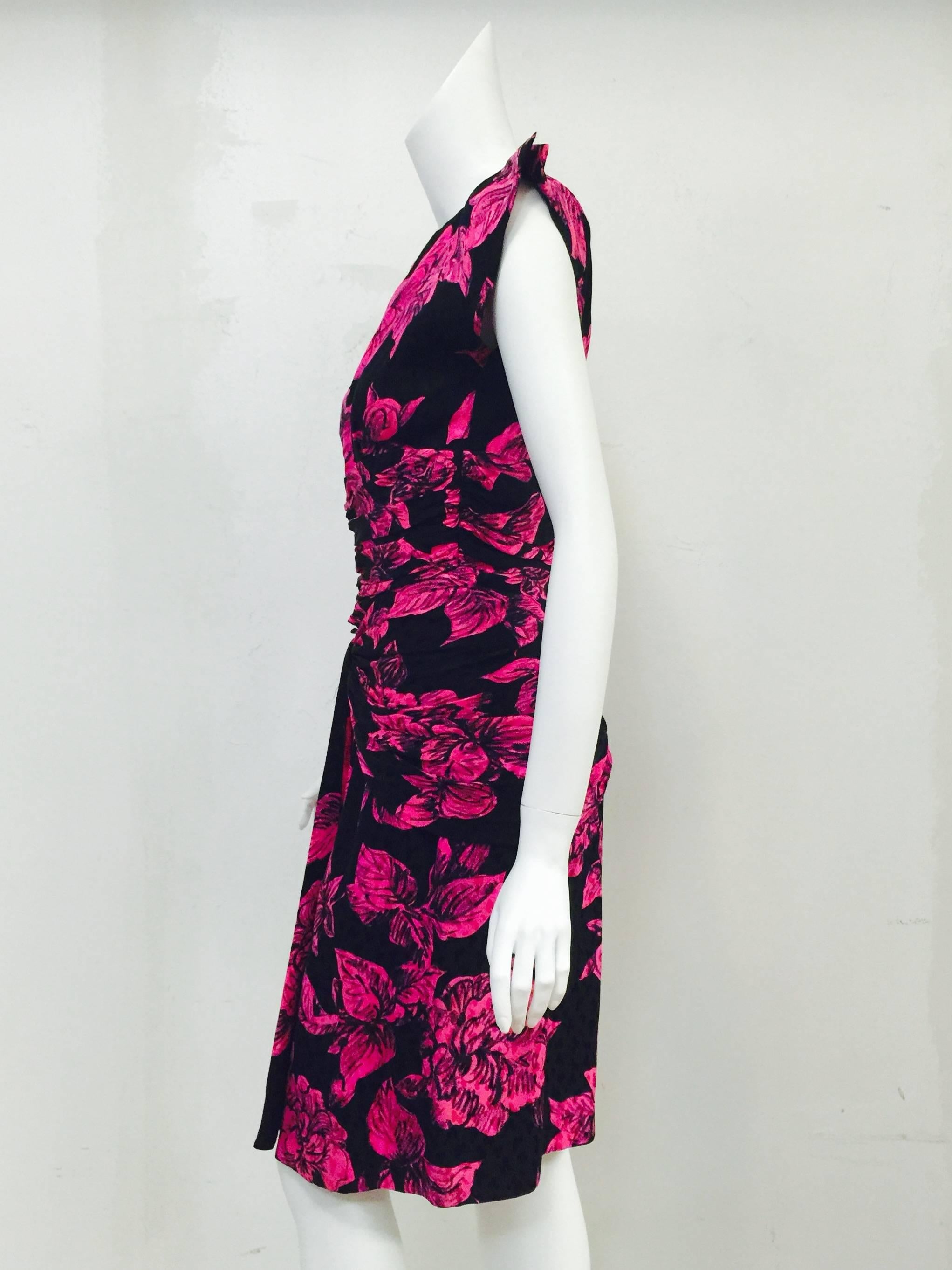 Women's Vicky Tiel Fuschia and Black Floral Silk Jacquard Dress 