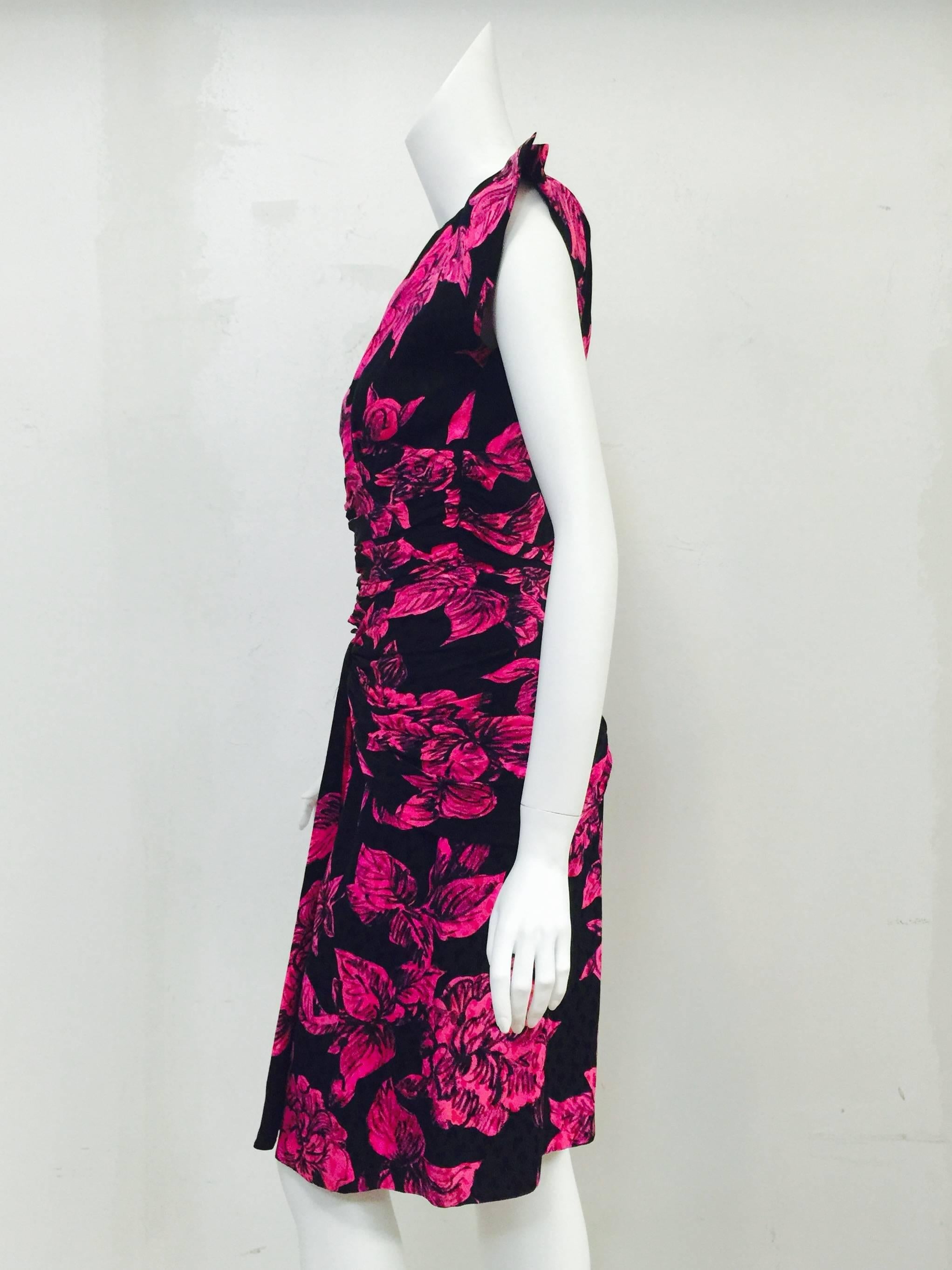 Women's Vicky Tiel Fuschia and Black Floral Silk Jacquard Dress