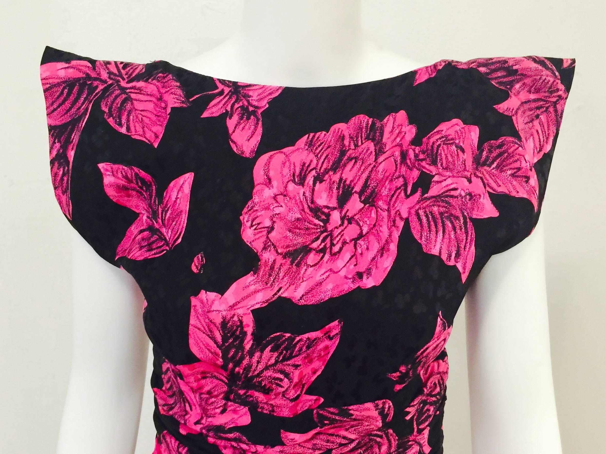 Vicky Tiel Fuschia and Black Floral Silk Jacquard Dress 2