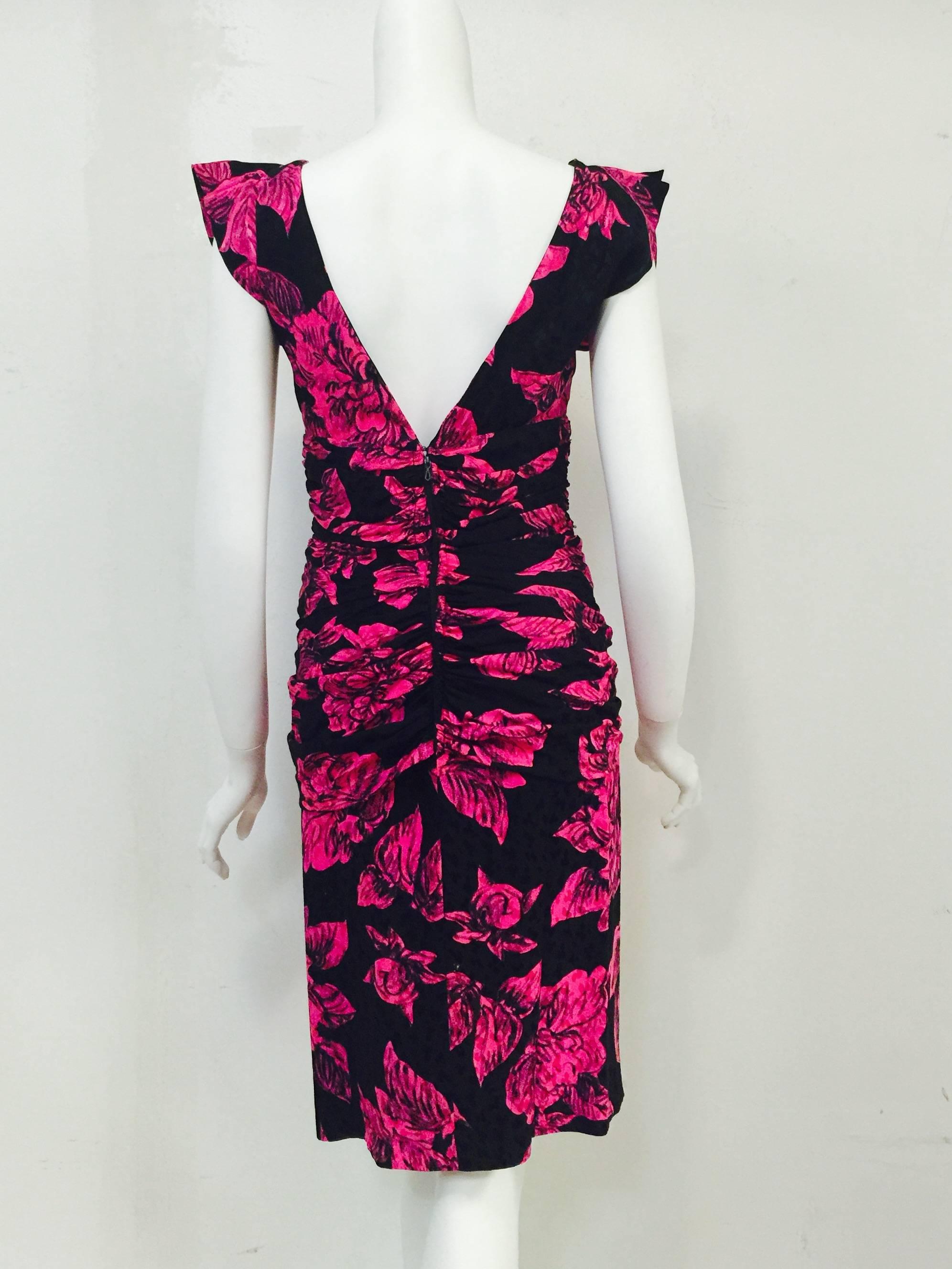Vicky Tiel Fuschia and Black Floral Silk Jacquard Dress  In Excellent Condition In Palm Beach, FL