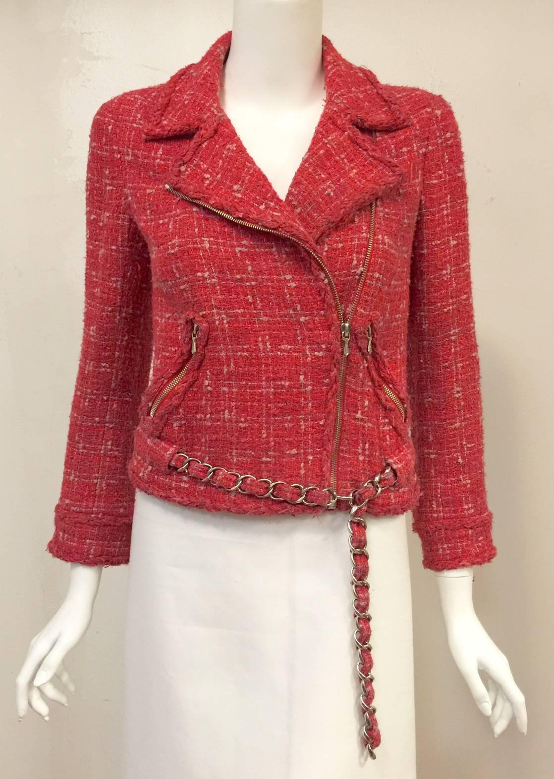 Chanel Tweed Biker Jacket is worthy of Coco and inspired by Marlon Brando's turn on the Silver Screen!  Like Coco, this jacket is contemporary, chic, and sophisticated.  Features the world renown tweed treatment in colors ranging from ripe