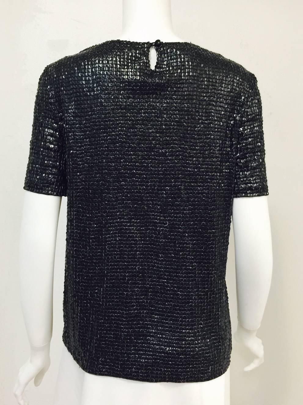 Black Loewe Nappa Leather Sequin Embroidered Short Sleeve Top 