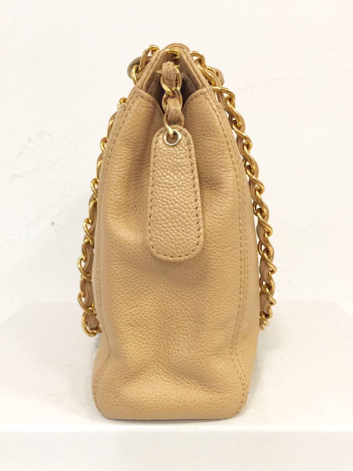 Women's Chanel Tan Caviar Leather Shoulder Bag/Double Leather Woven Chain Straps