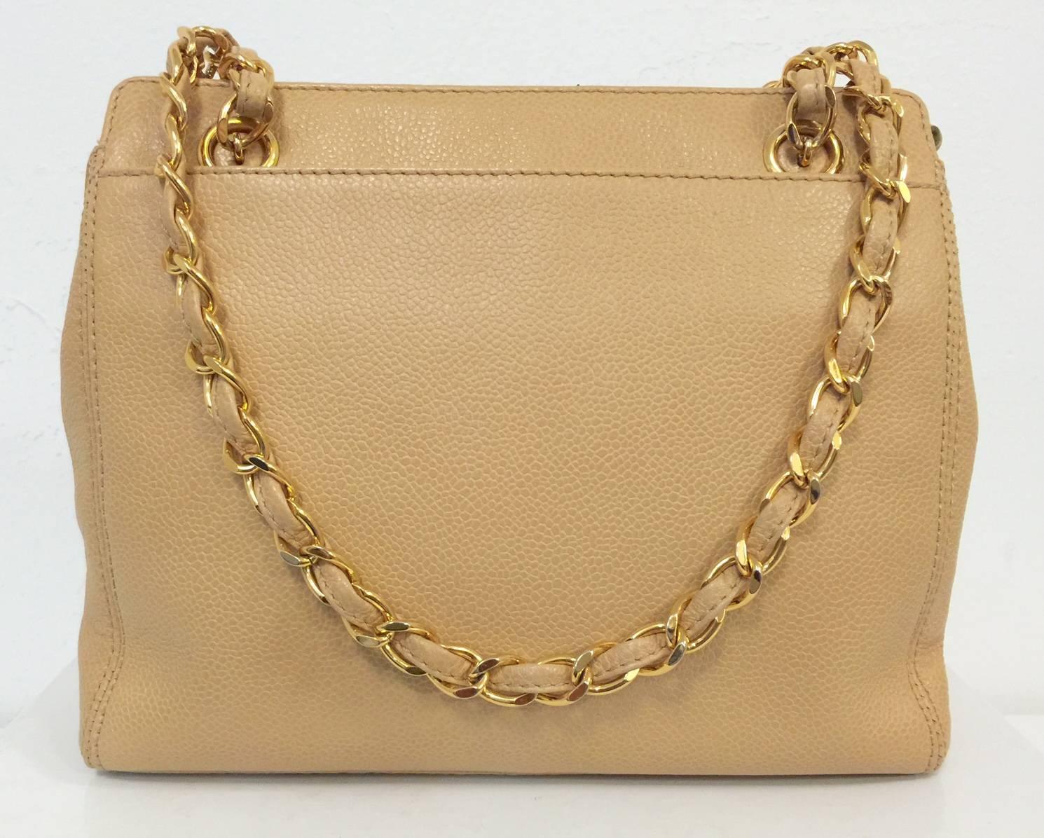 Chanel Tan Caviar Leather Shoulder Bag/Double Leather Woven Chain Straps In Excellent Condition In Palm Beach, FL