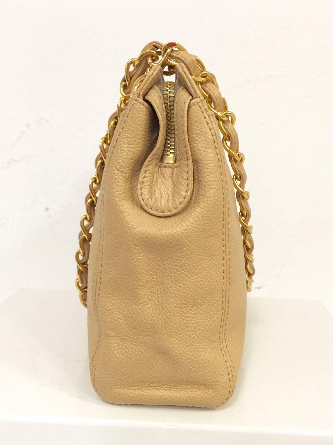 Chanel Tan Caviar Leather Shoulder Bag/Double Leather Woven Chain Straps 2