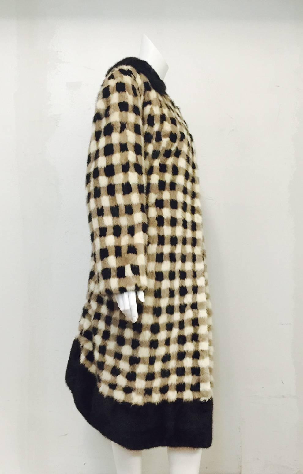 Vintage Burdines Checkerboard Mink Coat/Brown Mink Collar and Deep Hem In Good Condition For Sale In Palm Beach, FL