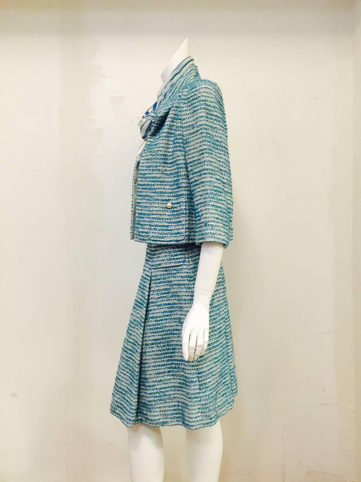 Chanel Spring 2001 Teal and Metallic Silver Tweed 3-Piece Ensemble   In Excellent Condition In Palm Beach, FL