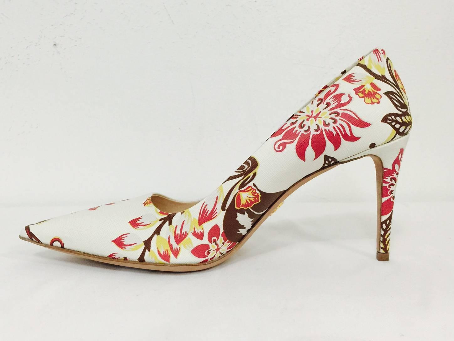 Beige New Prada Floral Print Saffiano Leather Pointed Toe High Heel Pumps 