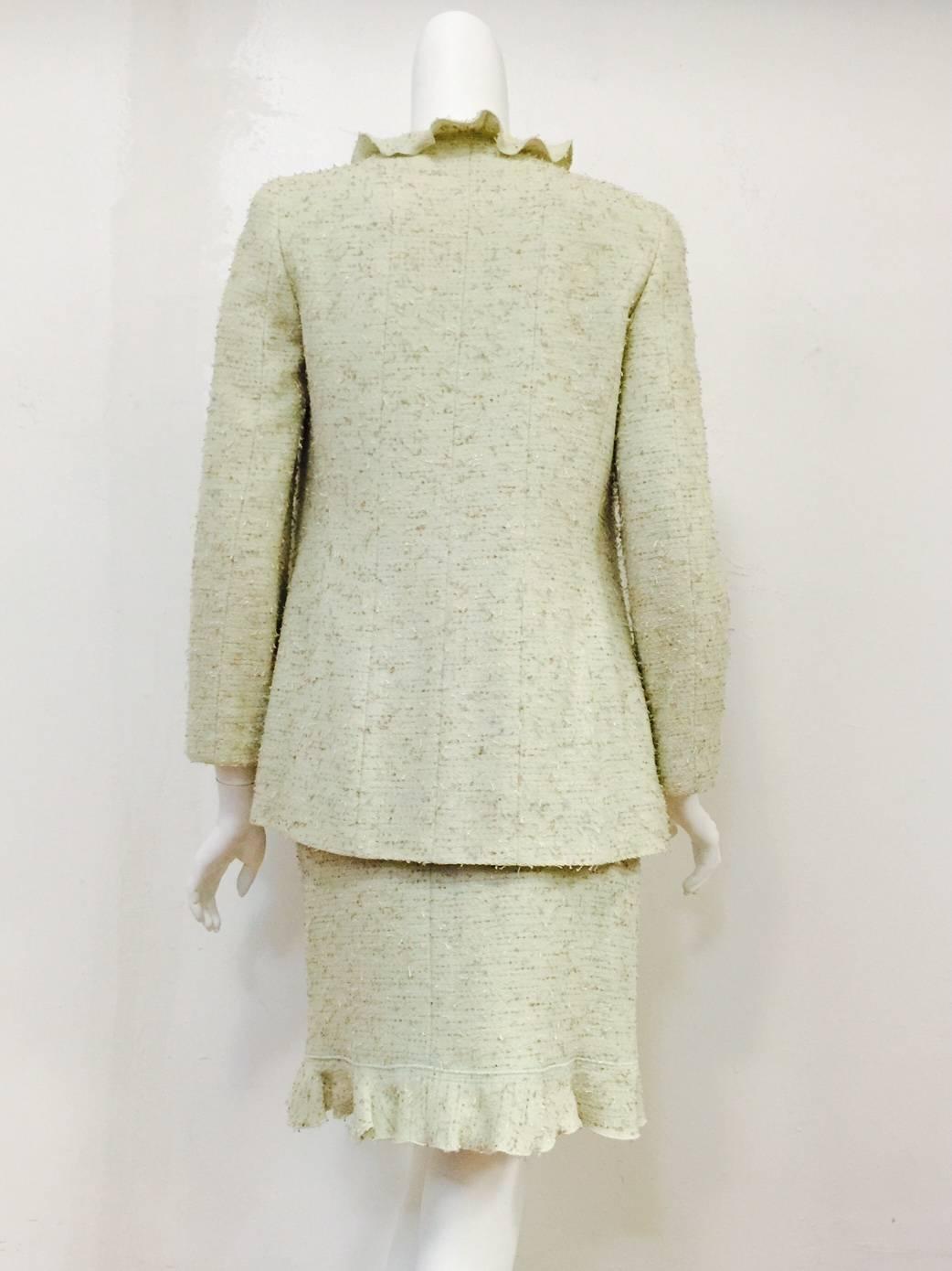 Beige Chanel 1999 Fall Tweed Wool Blend Suit With Ruffles   For Sale
