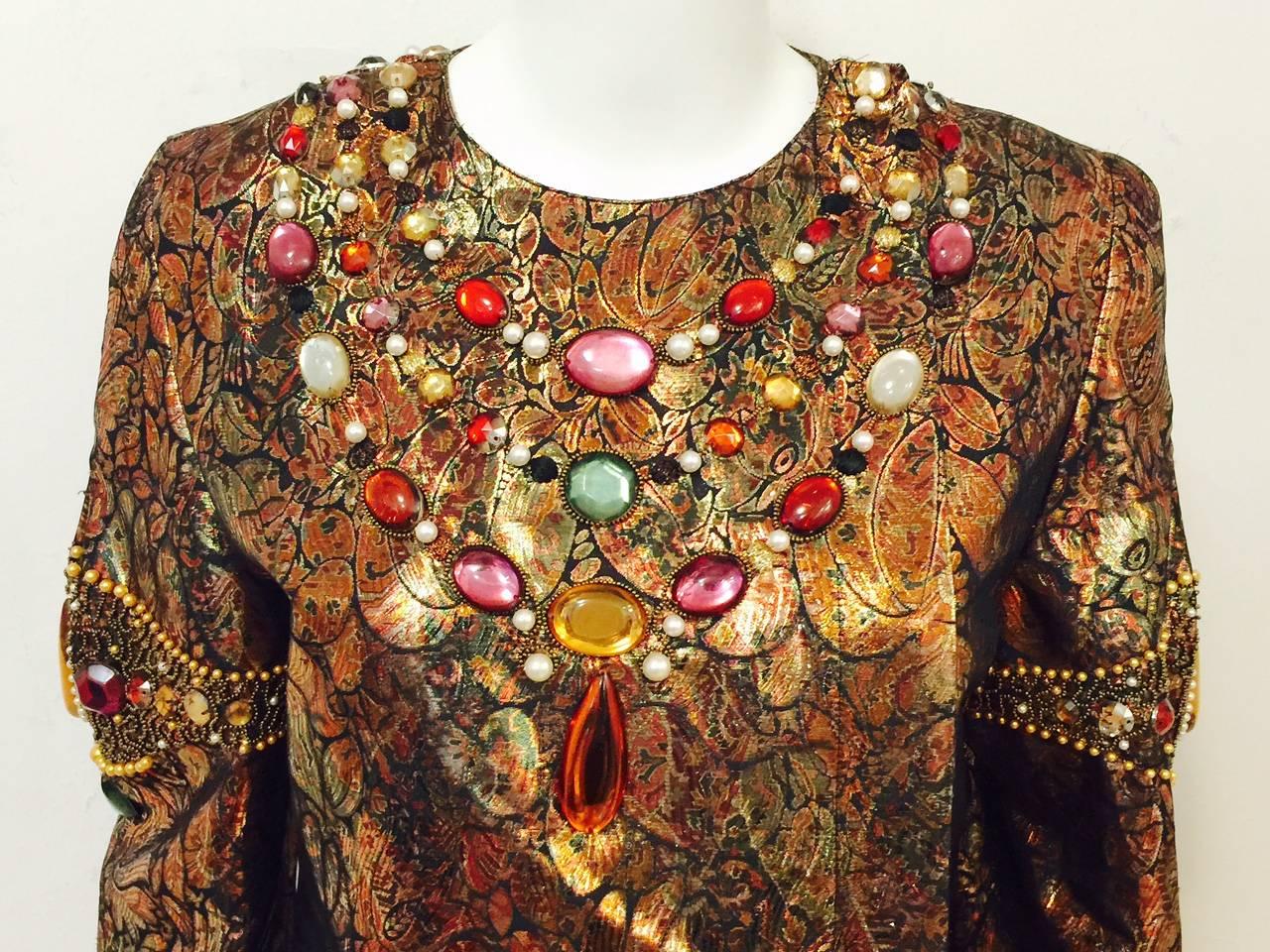 Women's Vintage Krizia Bejeweled Metallic Silk Brocade Evening Coat Dress 