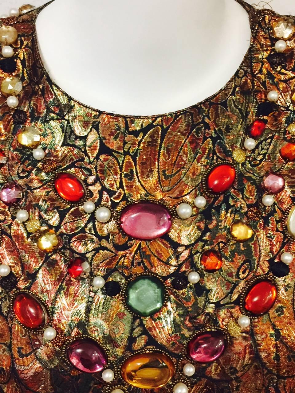 Vintage Krizia Bejeweled Metallic Silk Brocade Evening Coat Dress  In Excellent Condition In Palm Beach, FL