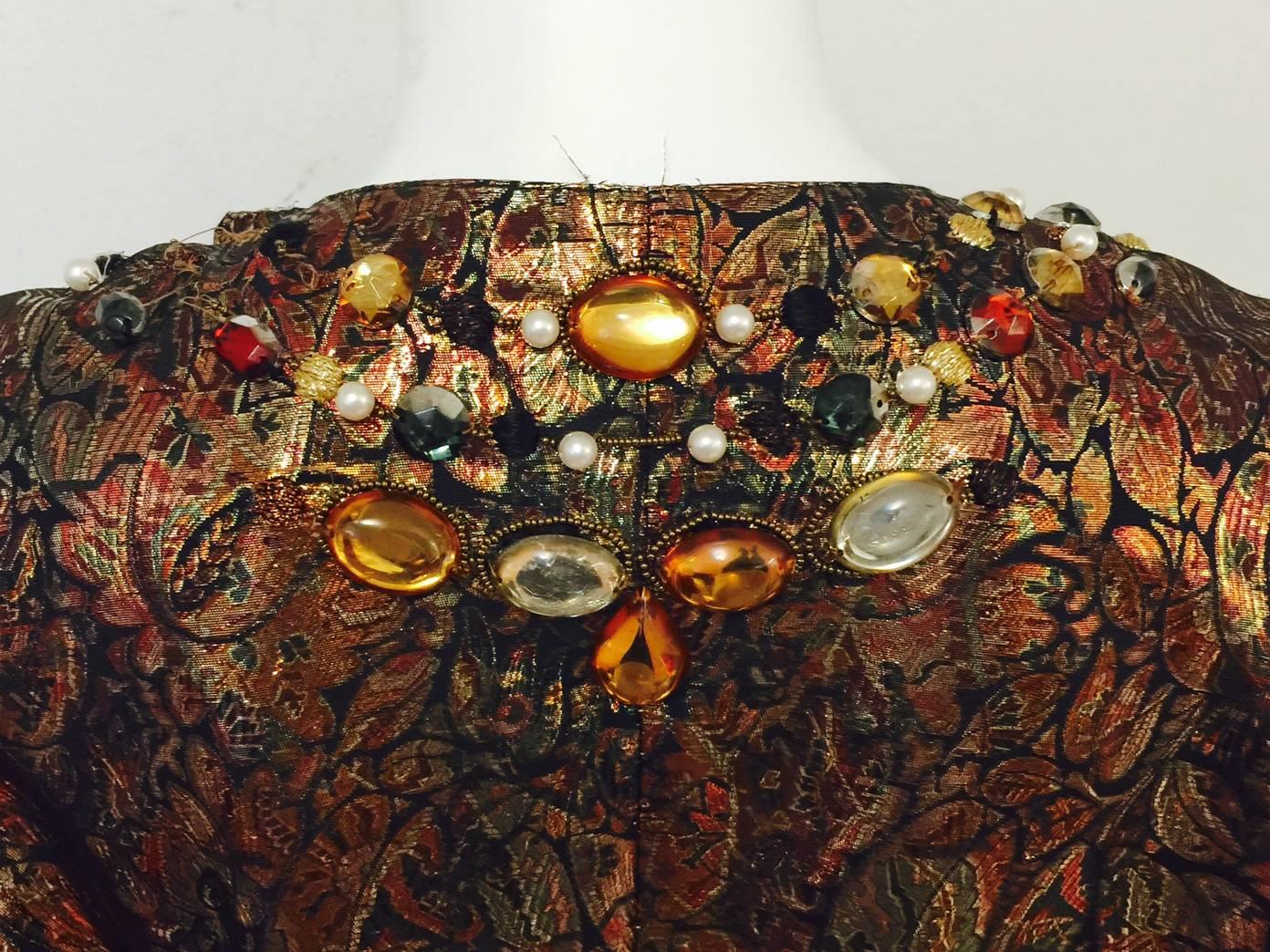 Vintage Krizia Bejeweled Metallic Silk Brocade Evening Coat Dress  1