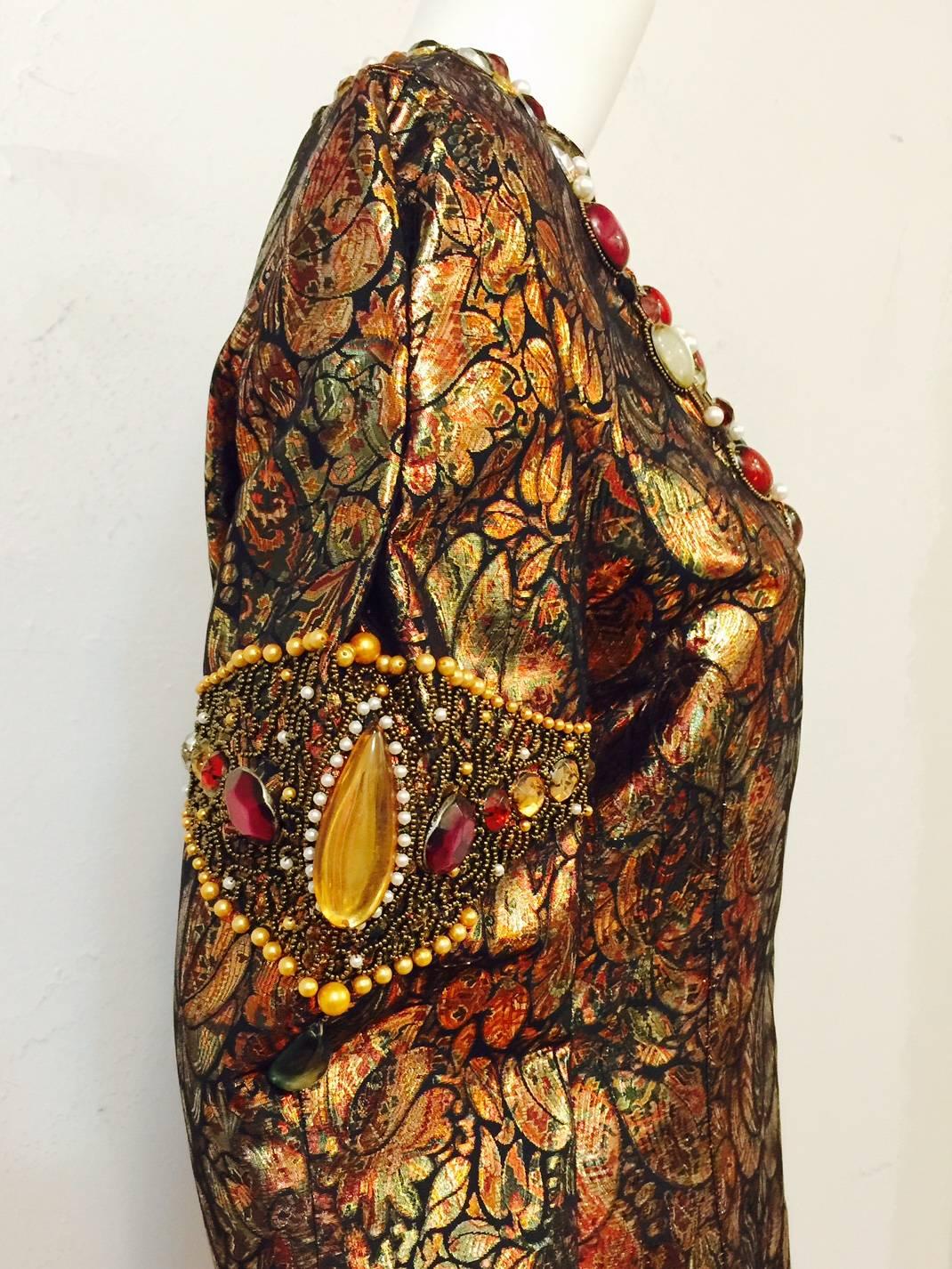 Brown Vintage Krizia Bejeweled Metallic Silk Brocade Evening Coat Dress 