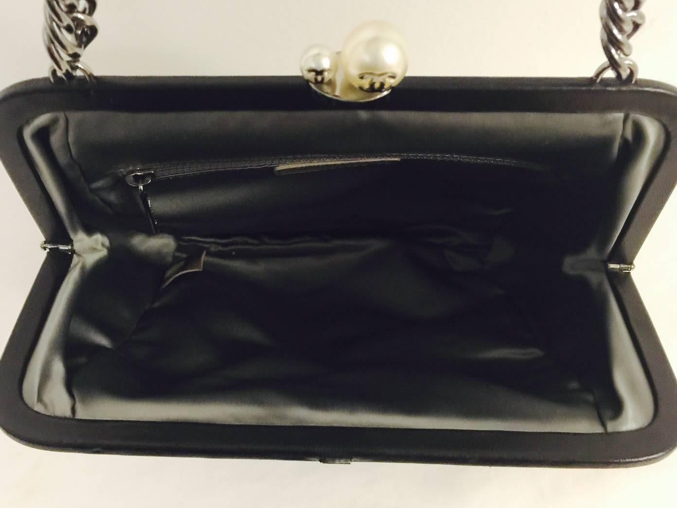 Limited Edition Chanel Black Satin Pleated Evening Bag with Chain Fringe 3