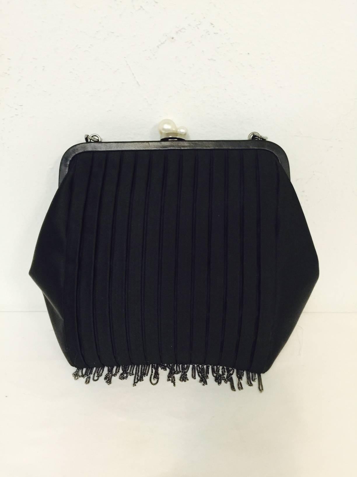 Limited Edition Chanel Black Satin Pleated Evening Bag with Chain Fringe 1