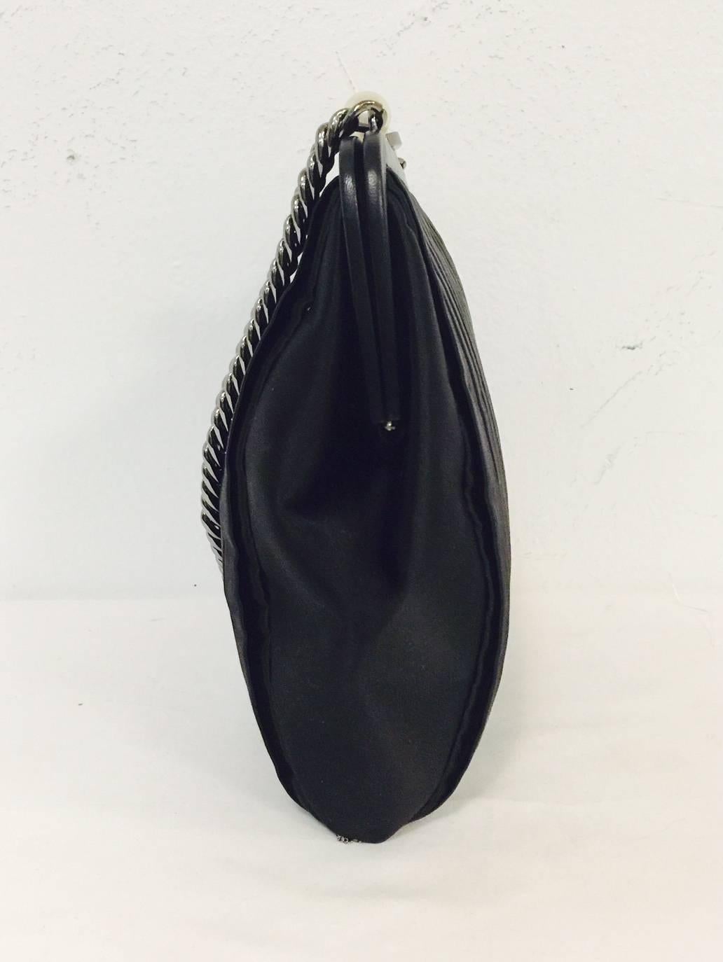 Limited Edition Chanel Black Satin Pleated Evening Bag with Chain Fringe In Excellent Condition In Palm Beach, FL