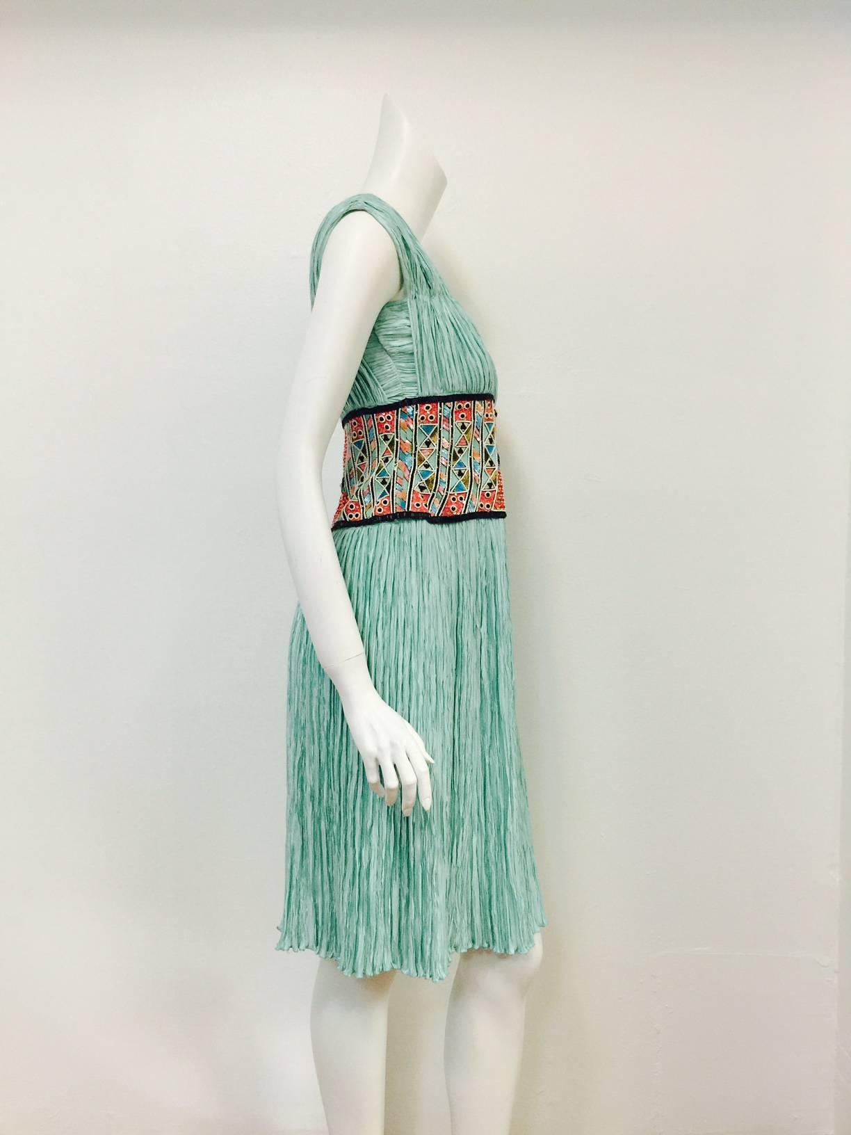 Mary McFadden Couture Embroidered Mint Marii Pleated Dress  In Good Condition In Palm Beach, FL