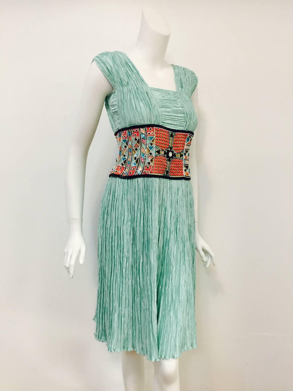 Blue Mary McFadden Couture Embroidered Mint Marii Pleated Dress 
