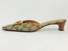 Never Worn Gucci Beige and Ebony Monogram Canvas Square Toe Slides