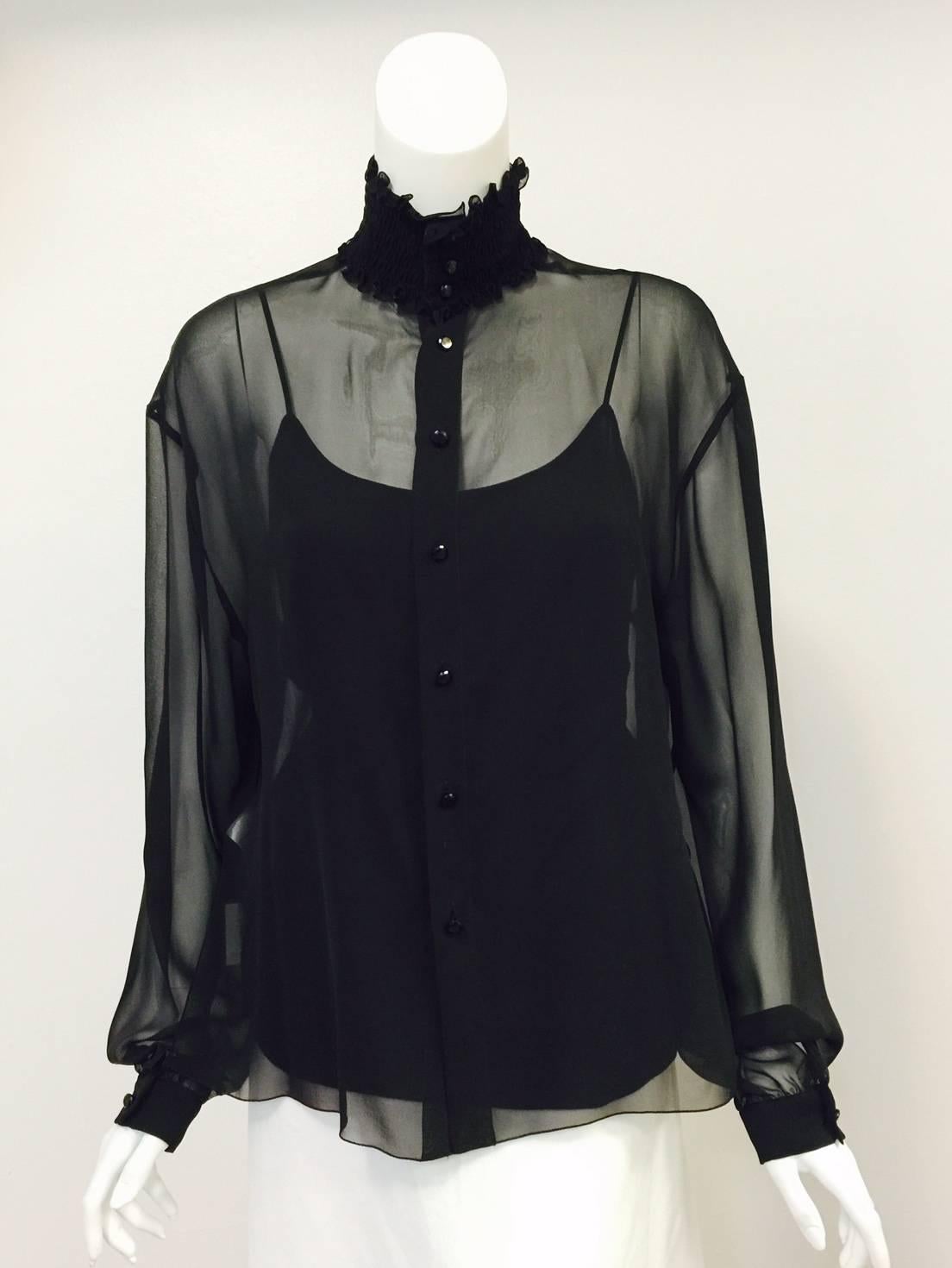 New Chanel Spring 2001 Black Sheer Silk Blouse With Knit Spaghetti Strap Tank  In New Condition For Sale In Palm Beach, FL