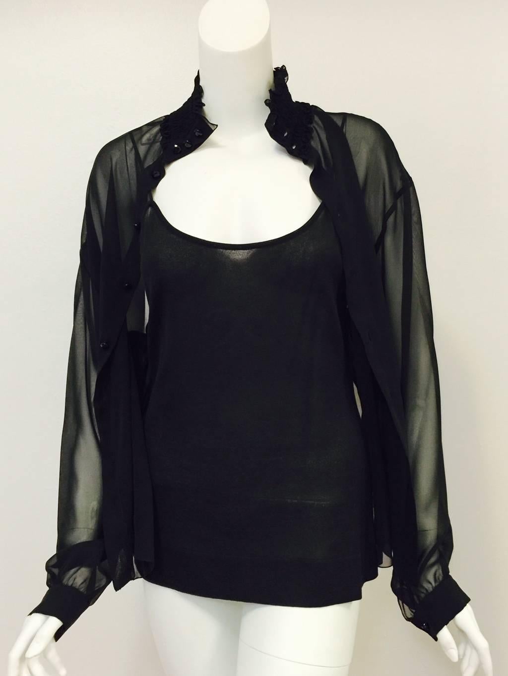 New Chanel Spring 2001 Black Sheer Silk Blouse With Knit Spaghetti Strap Tank  For Sale 3