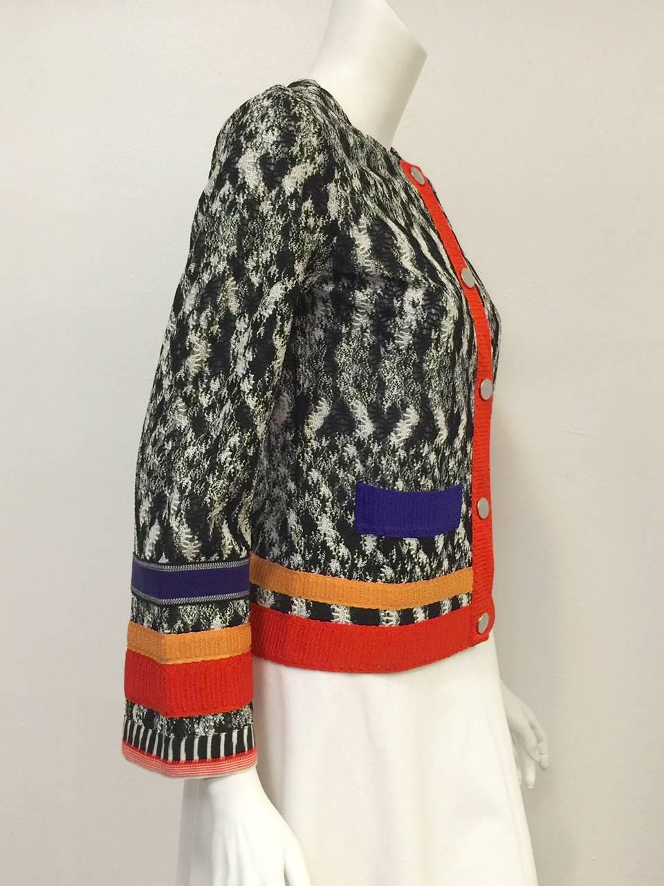 Women's Missoni Black and White Viscose Knit Cardigan With Color Blocked Ribbon Trim