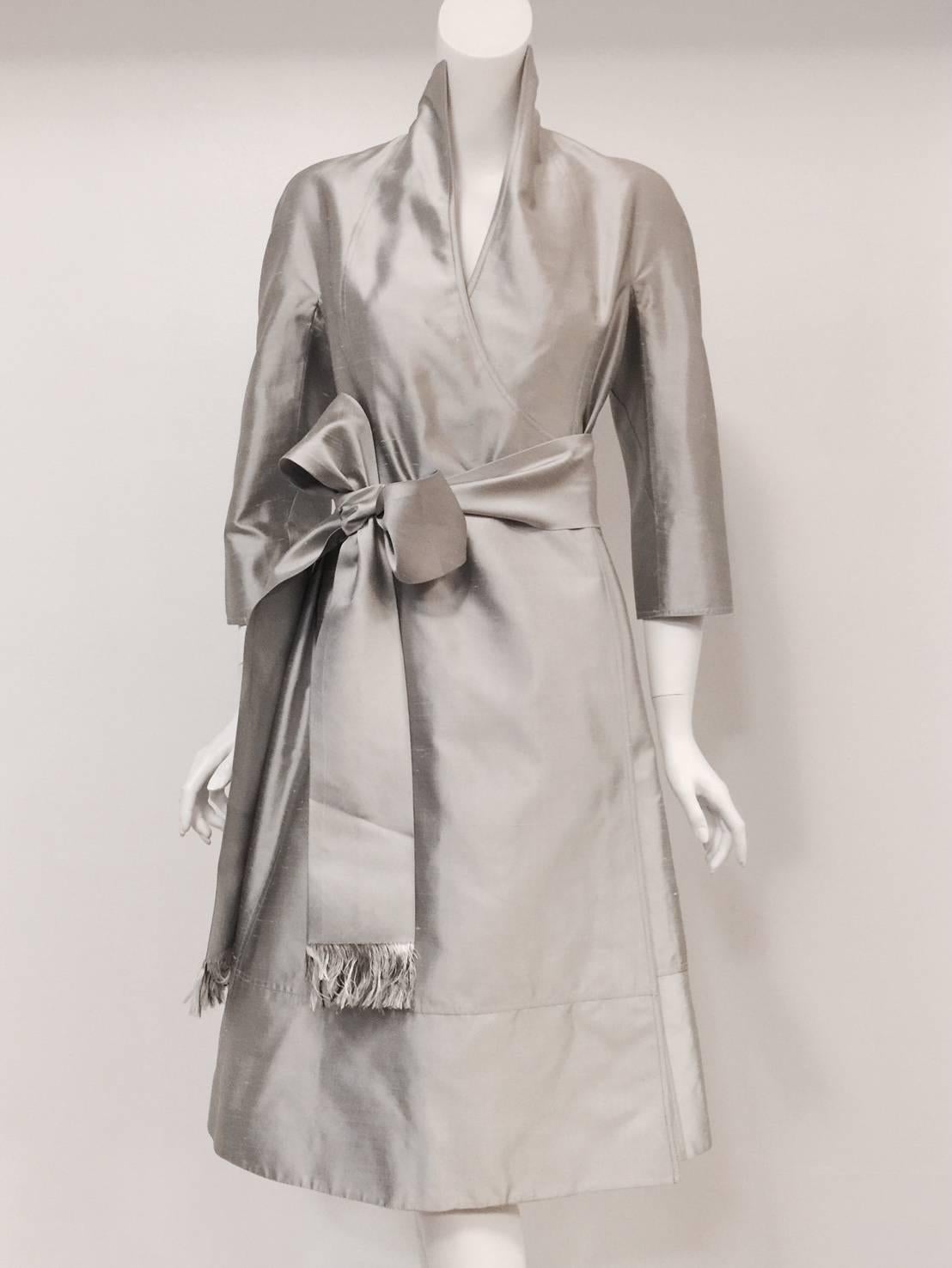 Women's Chado Ralph Rucci Platinum Silk Shantung Wrap Dress With Sash 
