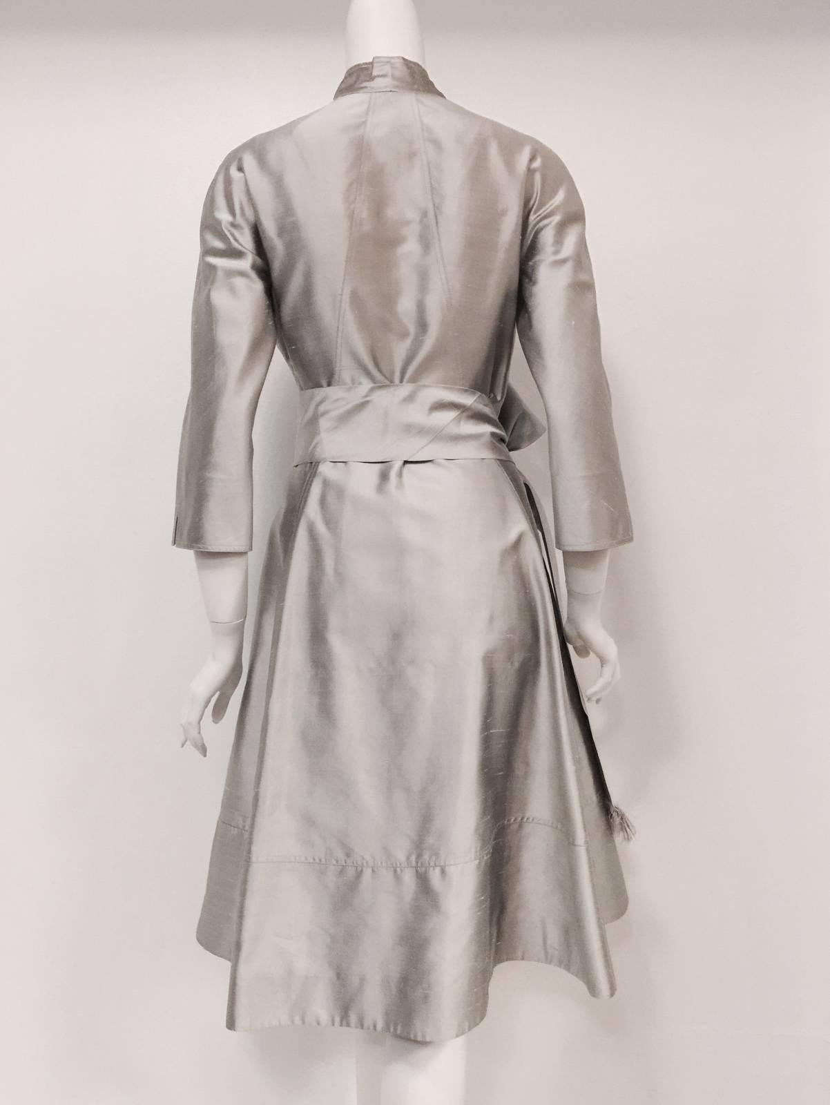 Chado Ralph Rucci Platinum Silk Shantung Wrap Dress With Sash In Excellent Condition In Palm Beach, FL