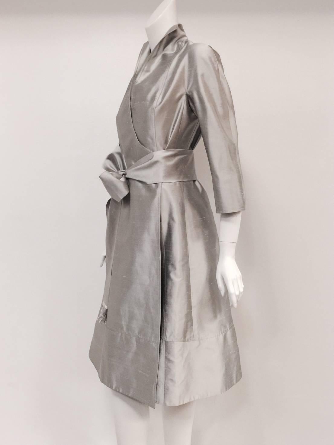 Gray Chado Ralph Rucci Platinum Silk Shantung Wrap Dress With Sash 