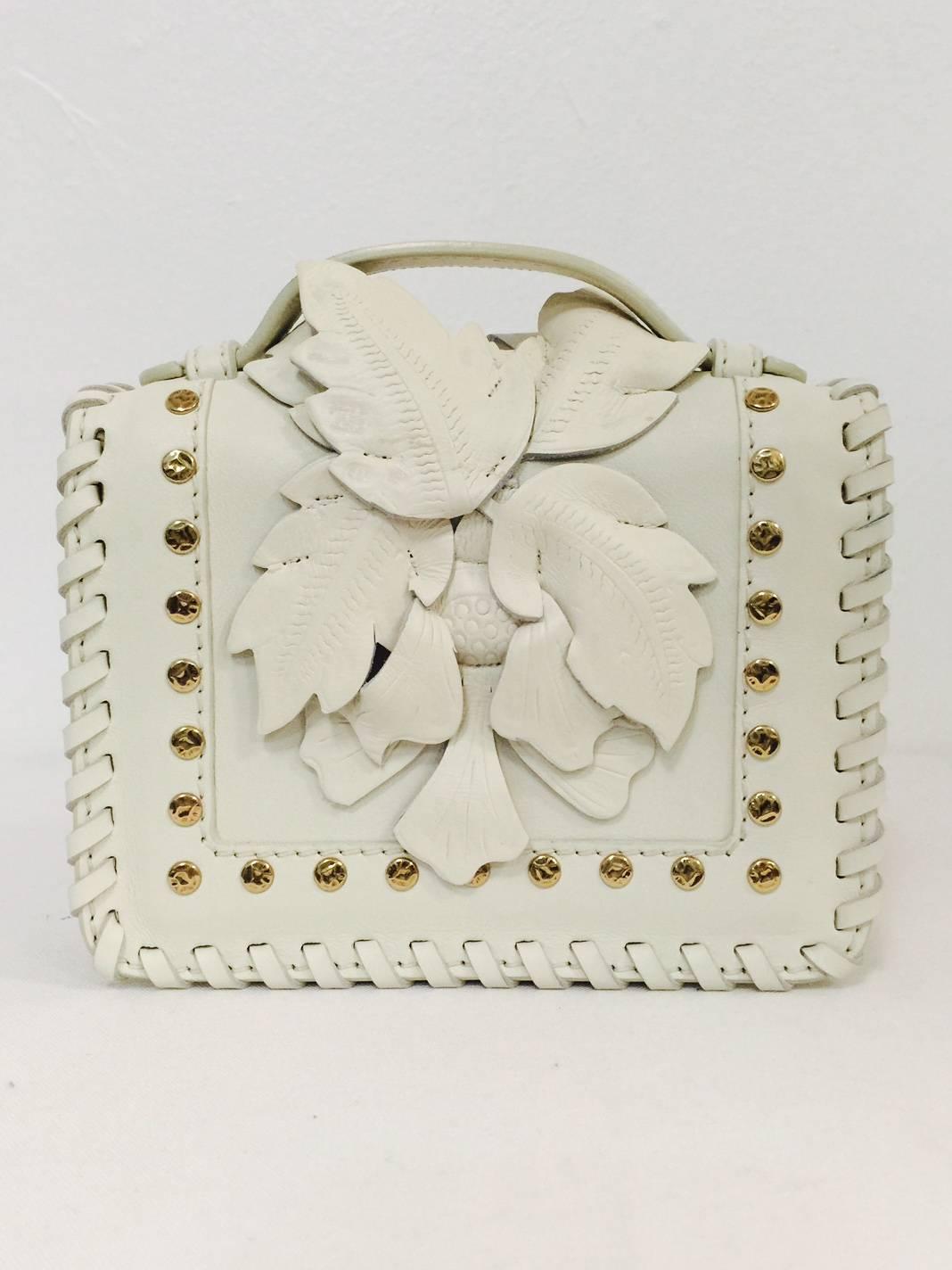  Alexander McQueen White Leather Crossbody Bag W Leaf Appliques Studs In New Condition In Palm Beach, FL
