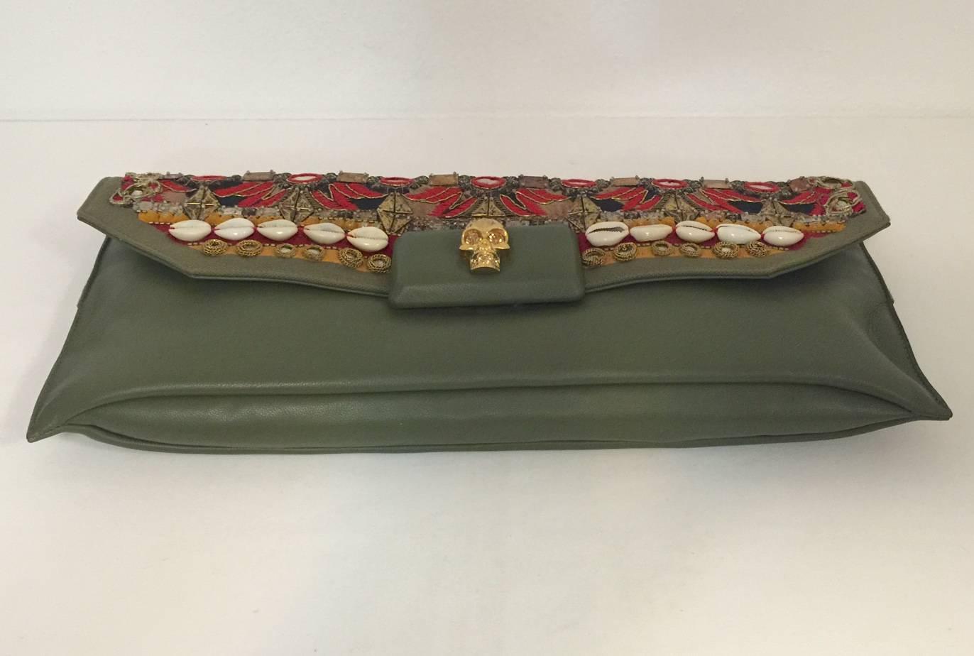 Brown  Alexander McQueen Embroidered Olive Green Leather Clutch Gold Skull 