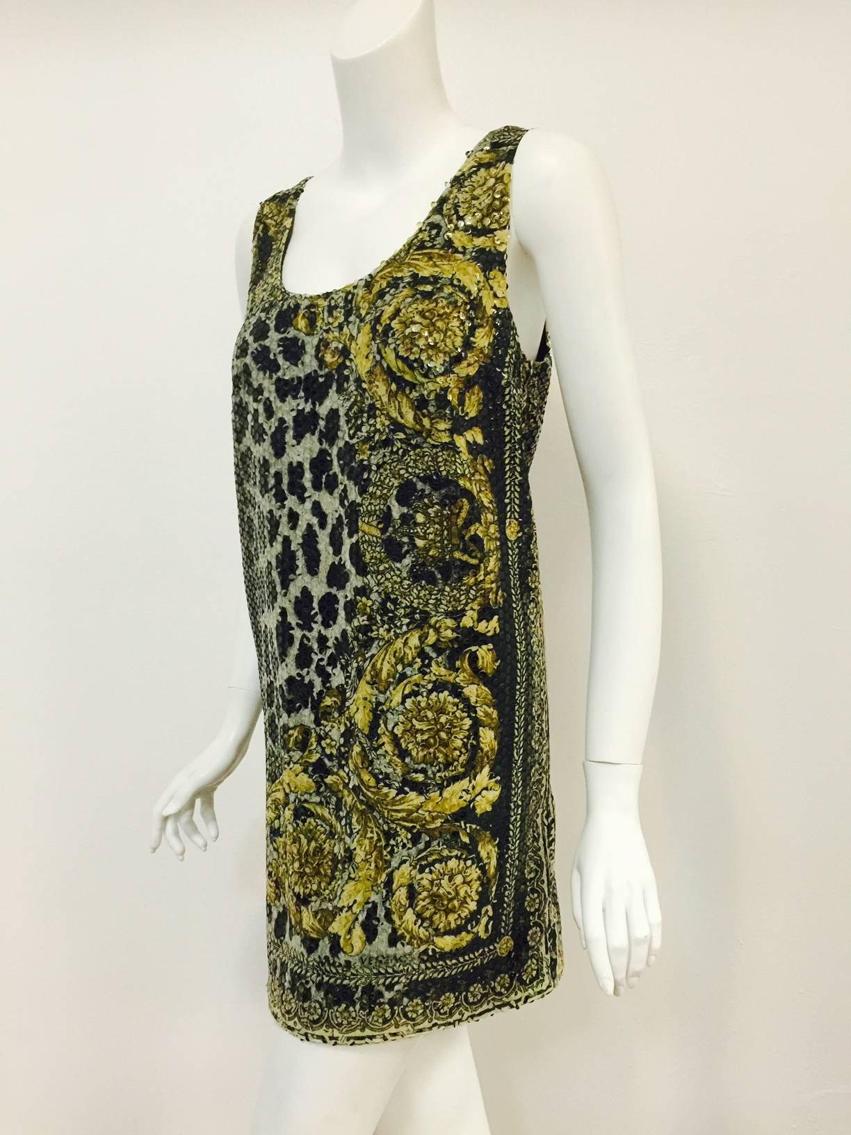 Women's Versace Baroque Print Sleeveless Tunic Dress With Clear Sequins