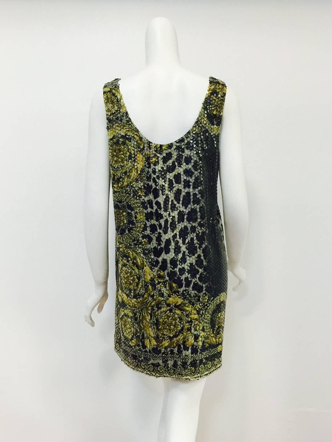 Black Versace Baroque Print Sleeveless Tunic Dress With Clear Sequins