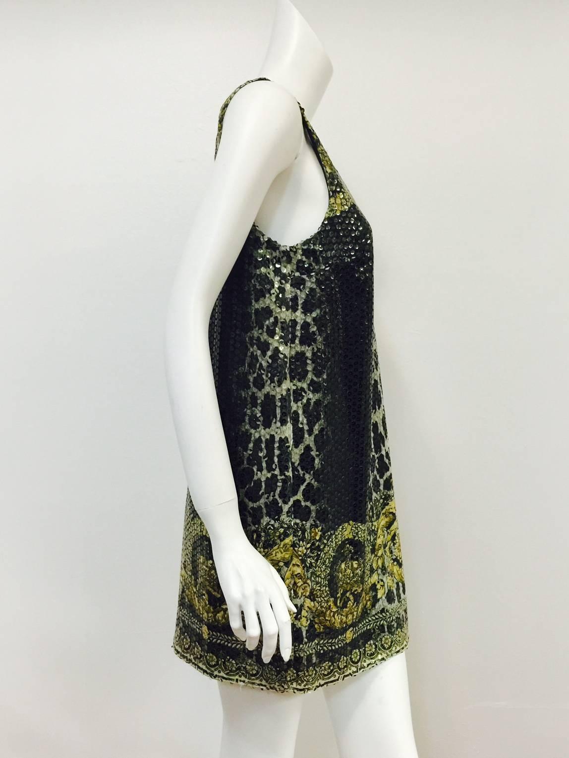 Versace Baroque Print Sleeveless Tunic Dress With Clear Sequins In Excellent Condition In Palm Beach, FL