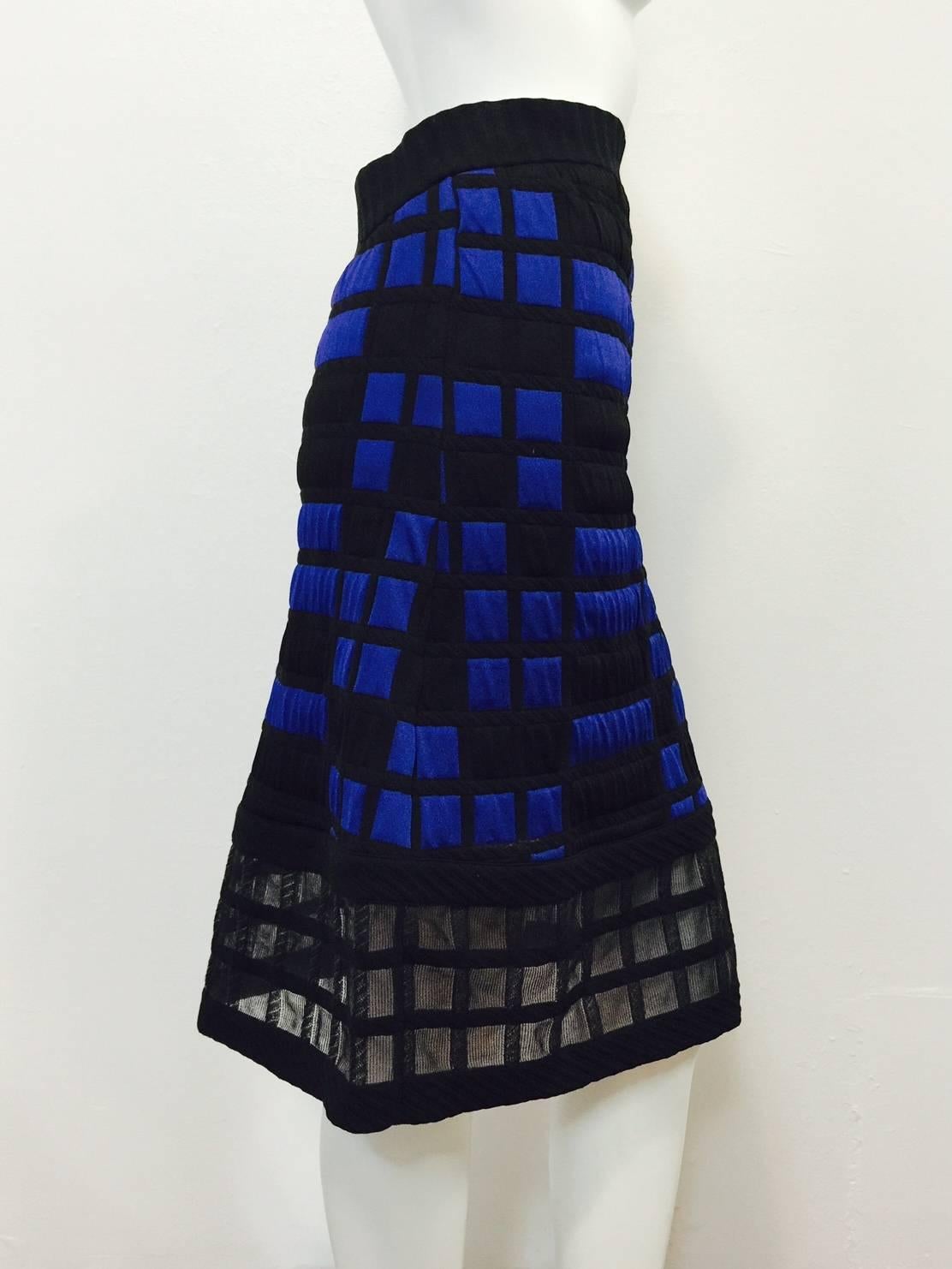 Chanel Black, Royal Blue Colorblocked Quilted A-Line Skirt With Sheer Hem 42 EU In Excellent Condition For Sale In Palm Beach, FL