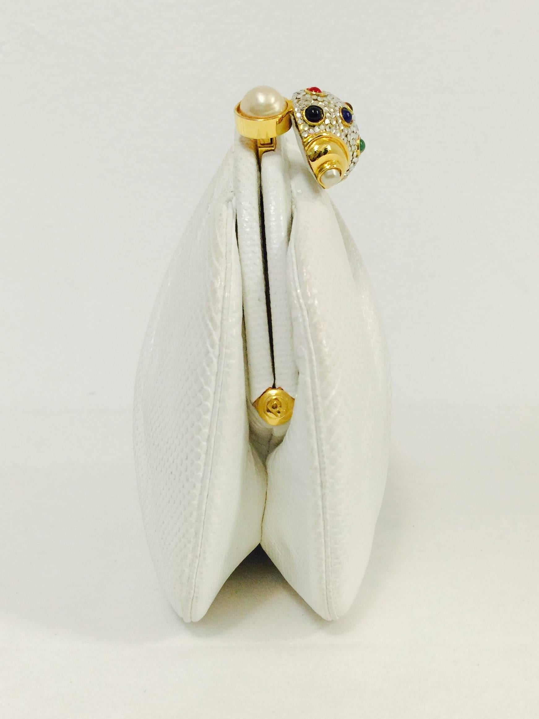 Vintage Judith Leiber White Lizard Convertible Clutch With Bejeweled Shell Clasp 1