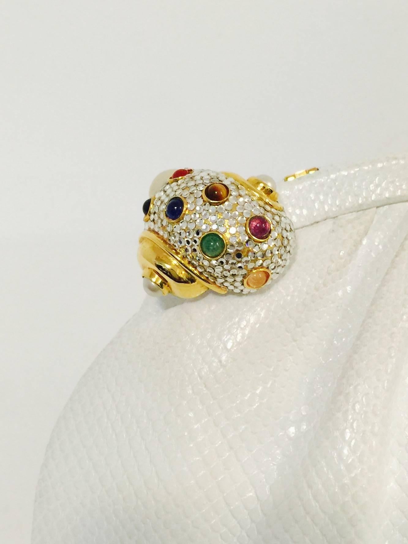 Beige Vintage Judith Leiber White Lizard Convertible Clutch With Bejeweled Shell Clasp