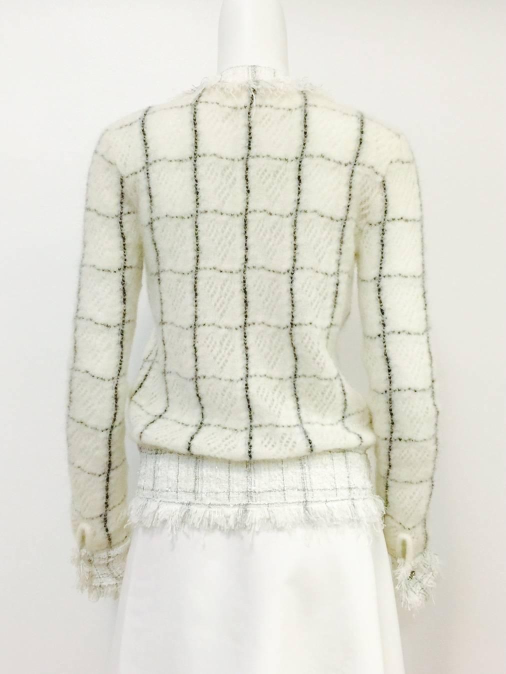 Chanel Mohair Blend Window Pane Check Cardigan With Fringed Tweed Trim  In Excellent Condition In Palm Beach, FL