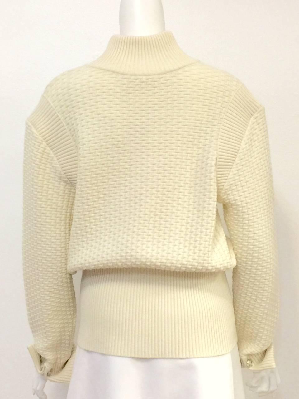 Chanel 100% Ivory Wool Pullover Sweater With Triple Strand Necklace 1