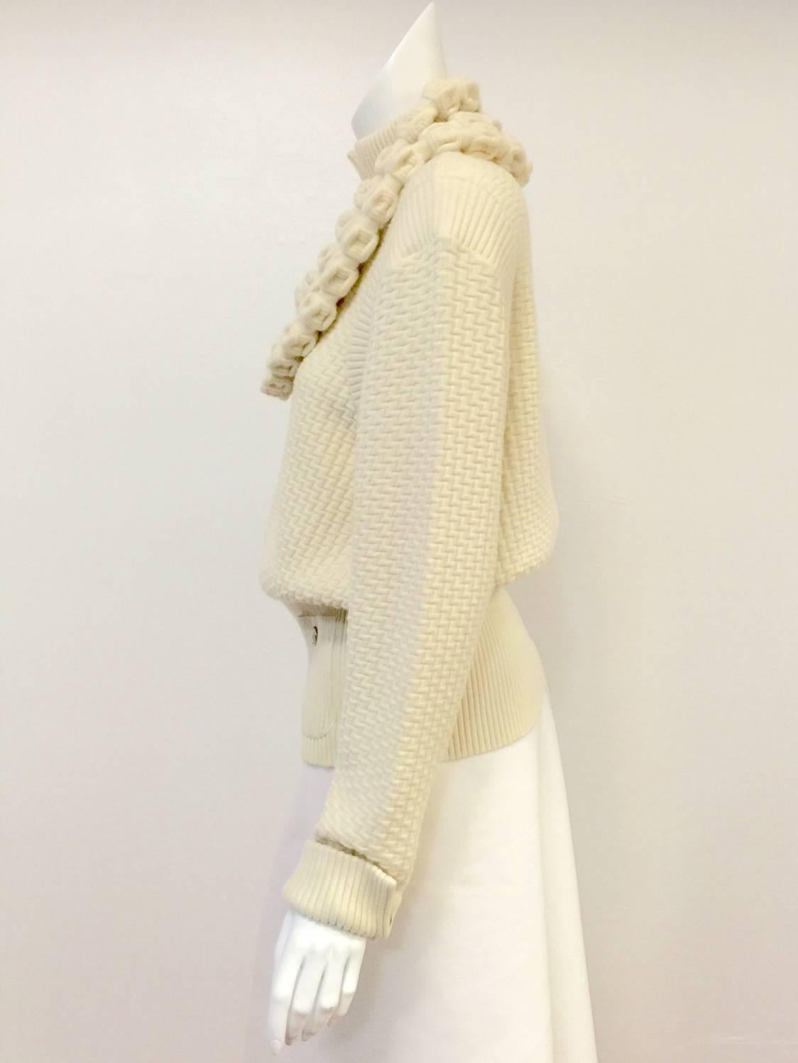 Chanel 100% Ivory Wool Pullover Sweater With Triple Strand Necklace 2