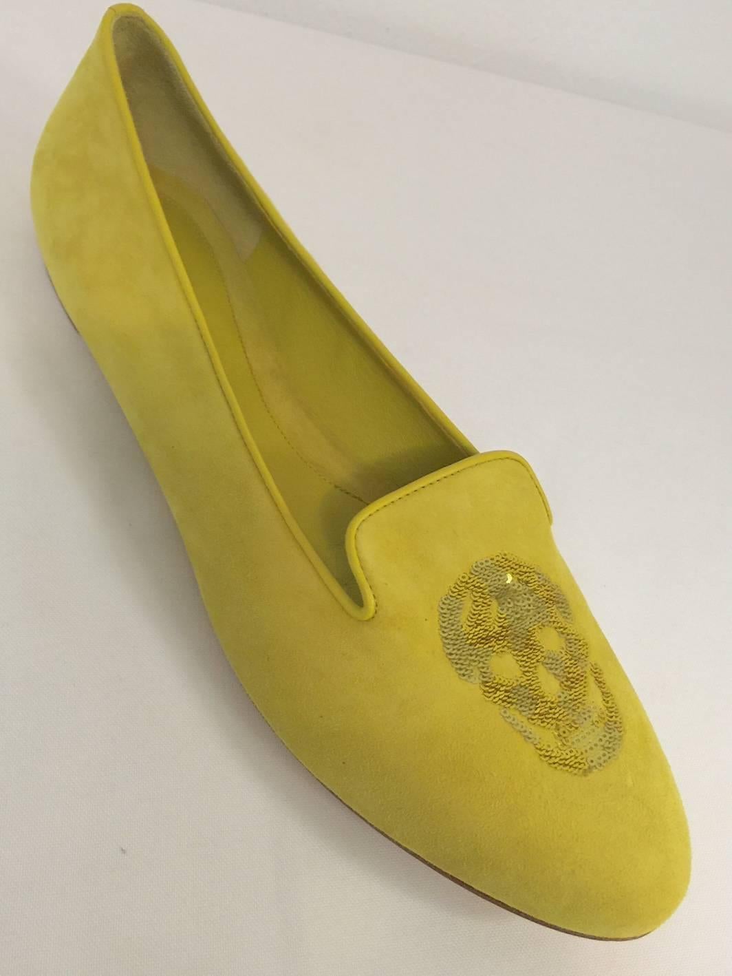 These new Alexander McQueen Spanish Olive Suede Slippers are not your typical suede slippers!  Featuring sequined skull embroidery on the vamps, these titillate and create a buzz with little effort.   Leather sole, insole and lining.  NEVER Worn! 