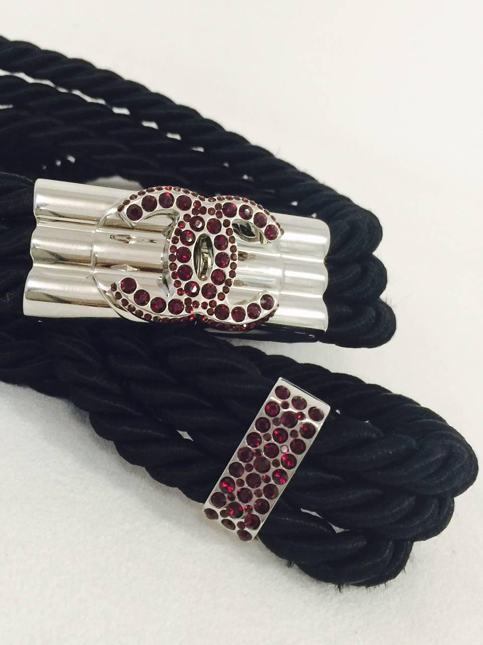 Chanel Spring 2005 Black Rope Belt With Double C Logo Buckle & Red Crystals In Excellent Condition In Palm Beach, FL