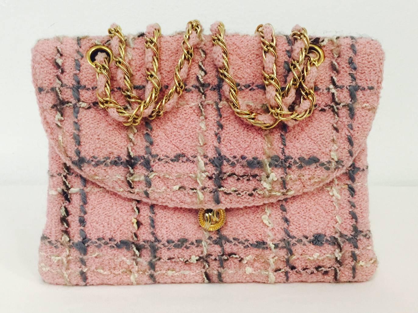 Brown Vintage Adolfo Flamingo Pink Wool Boucle Skirt Suit w. Matching Shoulder Bag